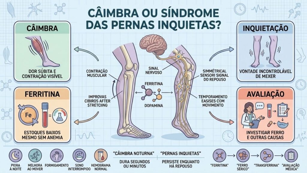 Dor, movimento, ferritina e duração ajudam a diferenciar os dois quadros.