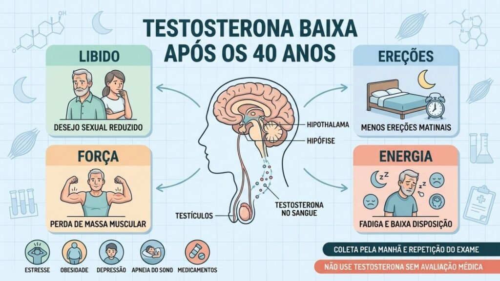 Libido, ereções, força e energia orientam a investigação da testosterona baixa.