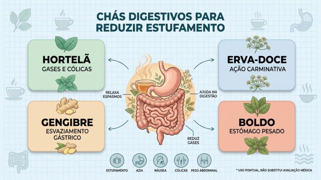 Hortelã, erva-doce, gengibre e boldo atuam contra o estufamento.