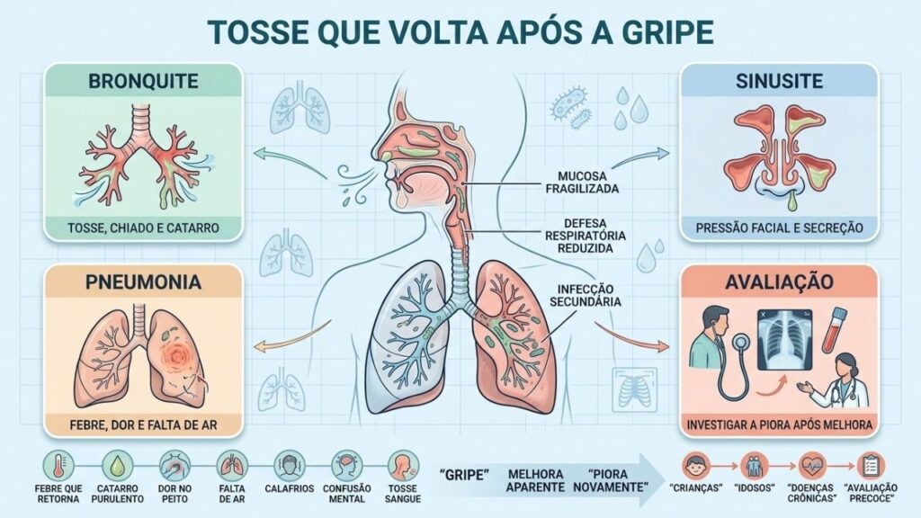Bronquite, sinusite, pneumonia e avaliação explicam a tosse que retorna.