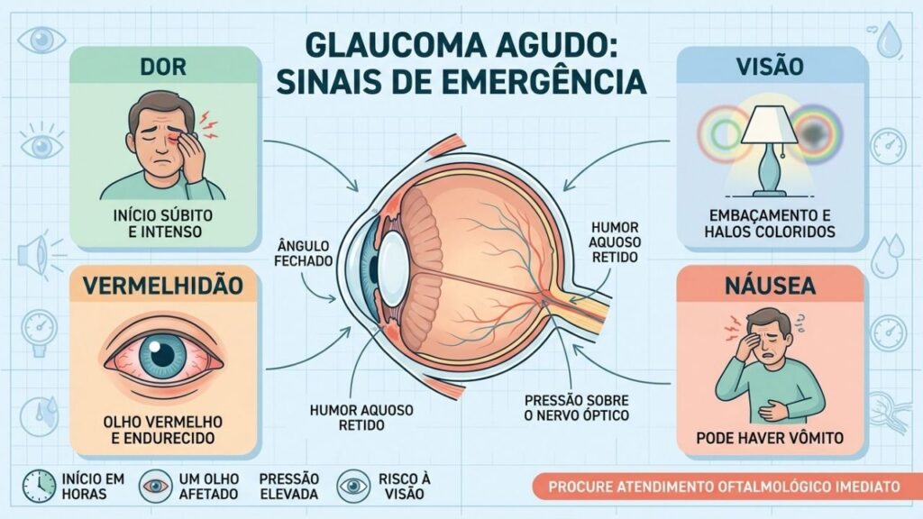 Dor, visão turva, vermelhidão e náusea sinalizam aumento súbito da pressão ocular.