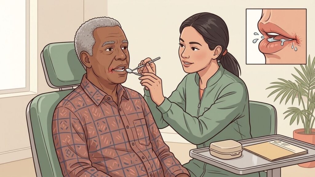 Saliva, próteses e infecções podem manter a ferida nos cantos labiais.