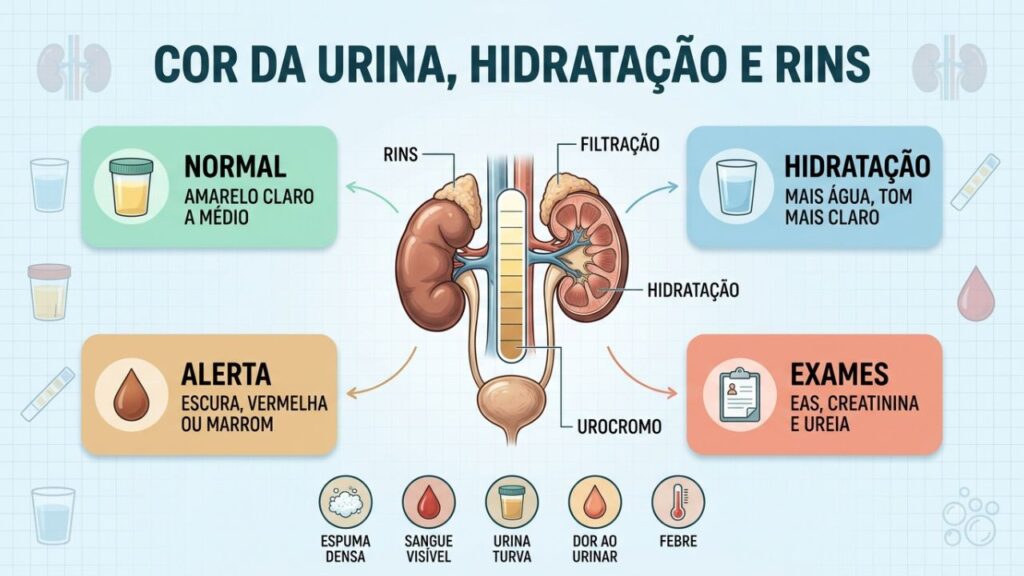 Tons da urina, hidratação e exames ajudam a avaliar os rins.