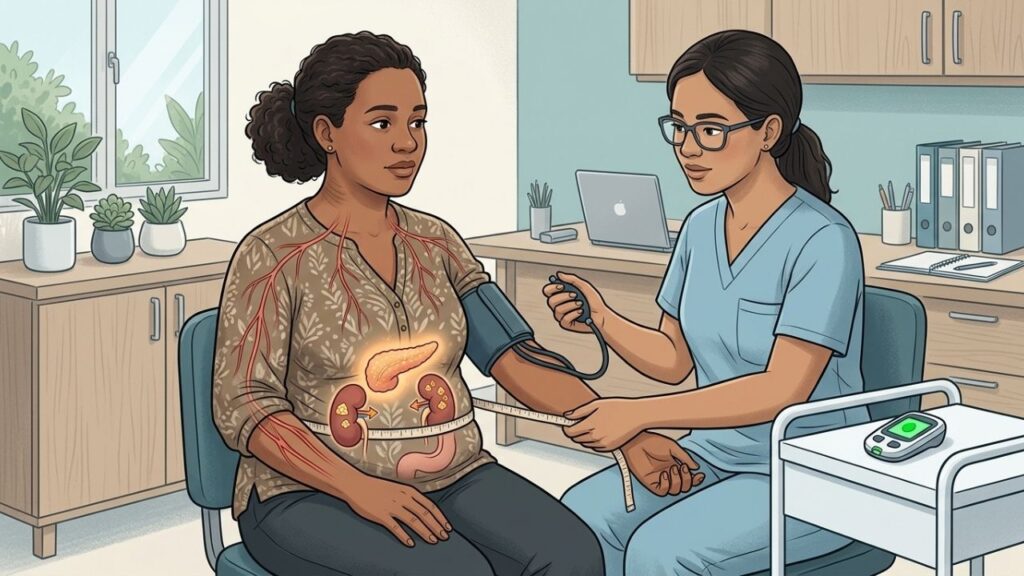 Insulina alta, retenção de sódio e resistência vascular favorecem a hipertensão precoce.