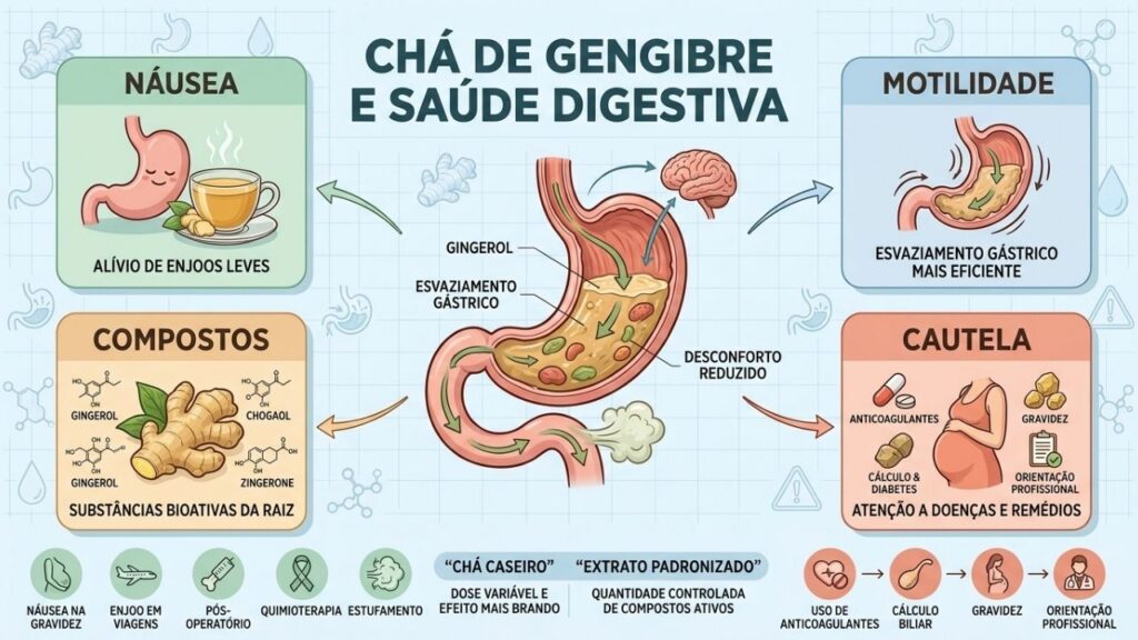 Náusea, motilidade, compostos ativos e cautela resumem o uso do gengibre.