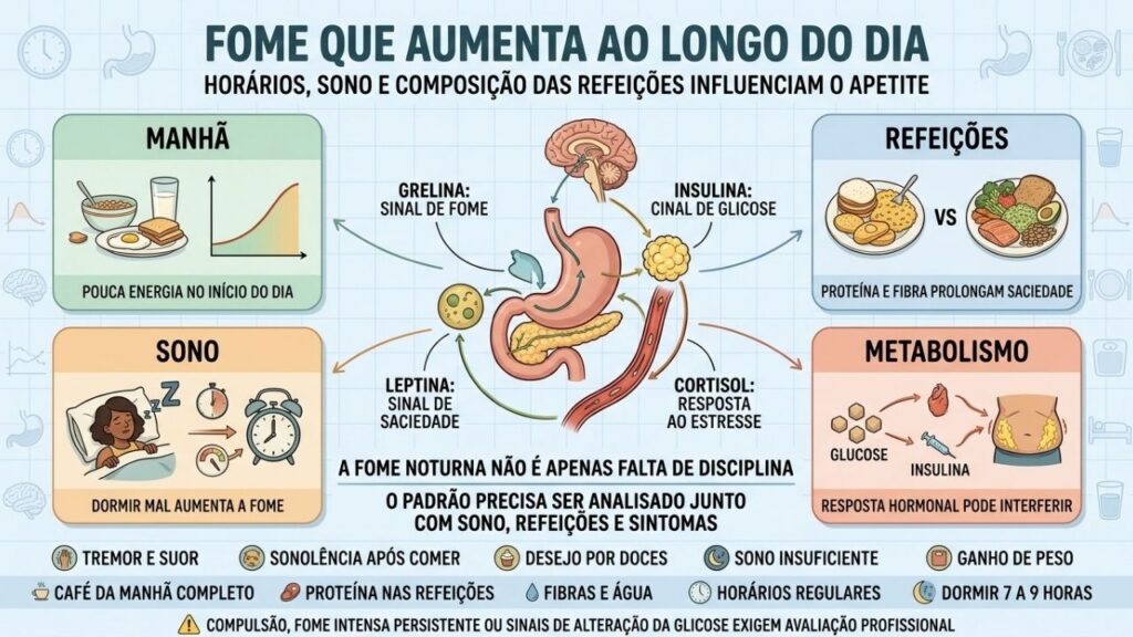 Manhã, refeições, sono e metabolismo ajudam a explicar a fome noturna.