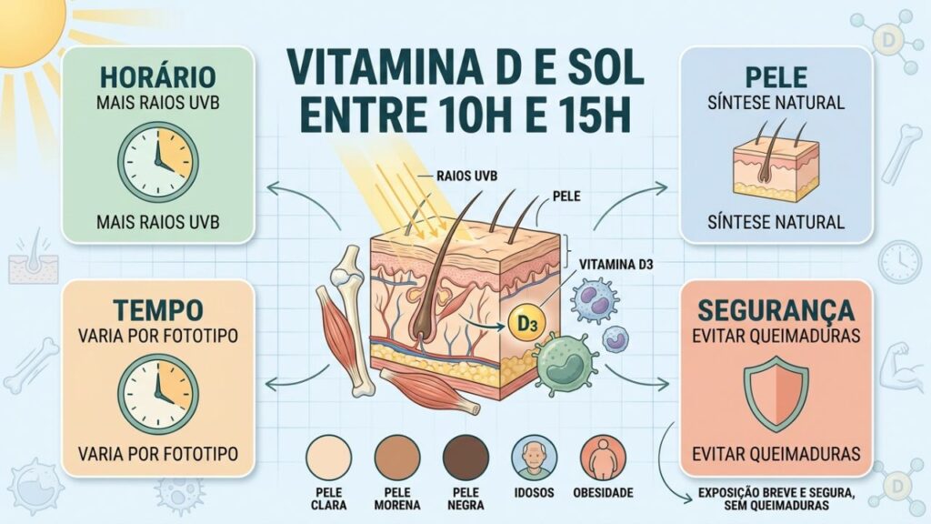 Horário, pele, fototipo e segurança orientam a síntese de vitamina D.