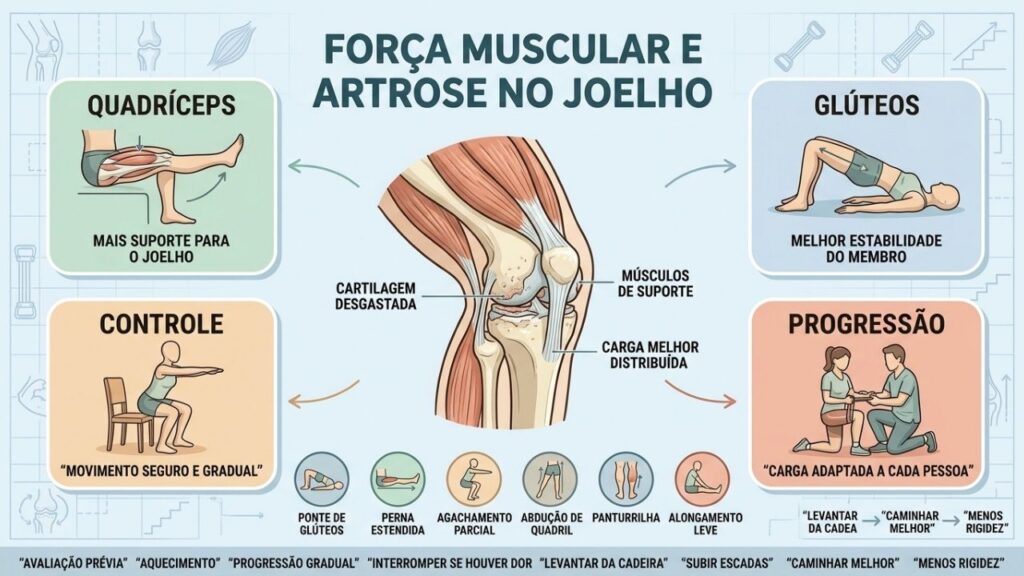 Quadríceps, glúteos, controle e progressão sustentam joelhos mais estáveis.