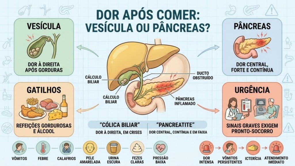 Localização, irradiação, gatilhos e alertas diferenciam vesícula de pancreatite.