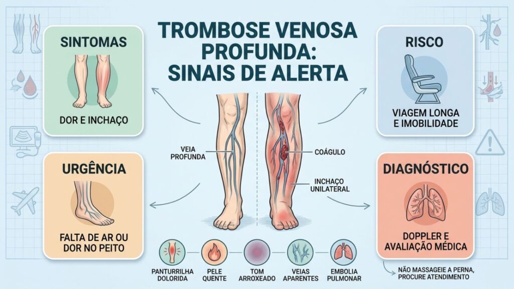 Sintomas, riscos, urgência e Doppler orientam a suspeita de trombose.