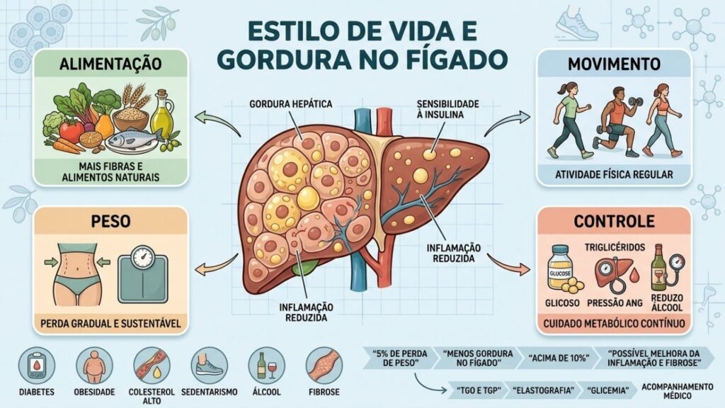 Alimentação, movimento, perda de peso e controle metabólico protegem o fígado.