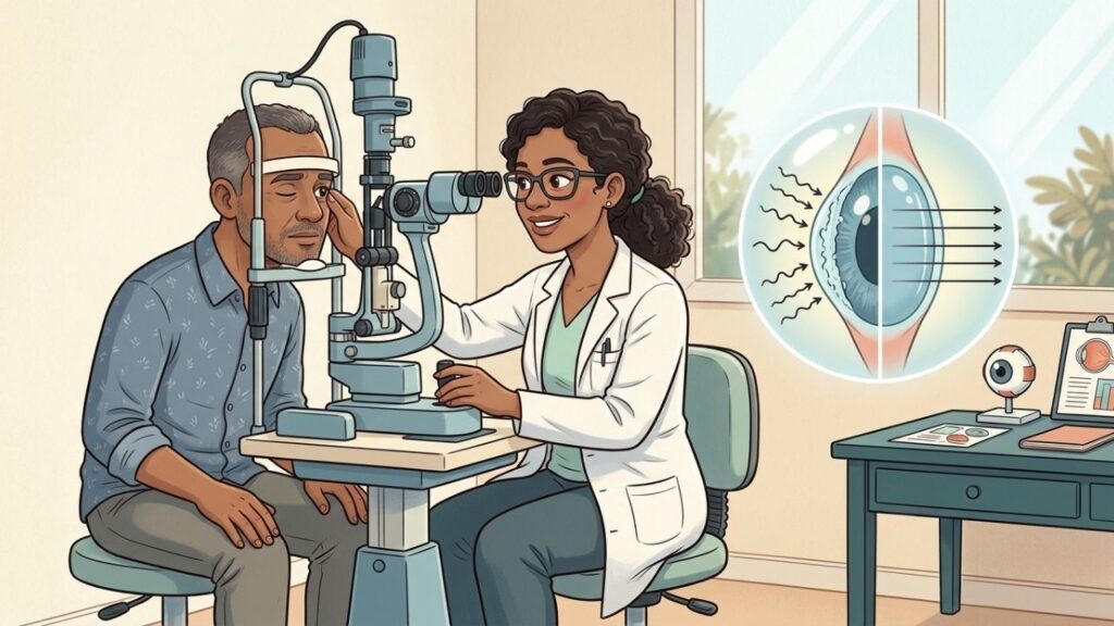 Visão turva que melhora ao piscar pode indicar instabilidade do filme lacrimal.