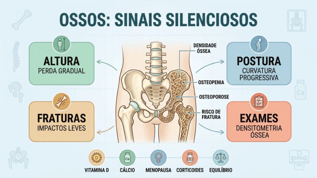 Altura, postura, fraturas e densitometria orientam a saúde dos ossos.