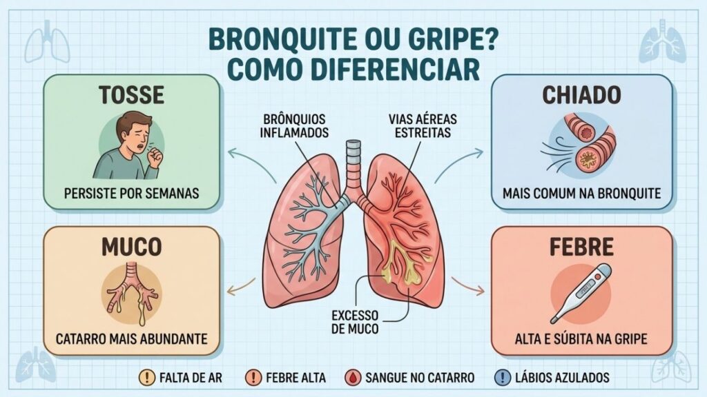 Tosse, chiado, muco e febre revelam diferenças importantes entre bronquite e gripe