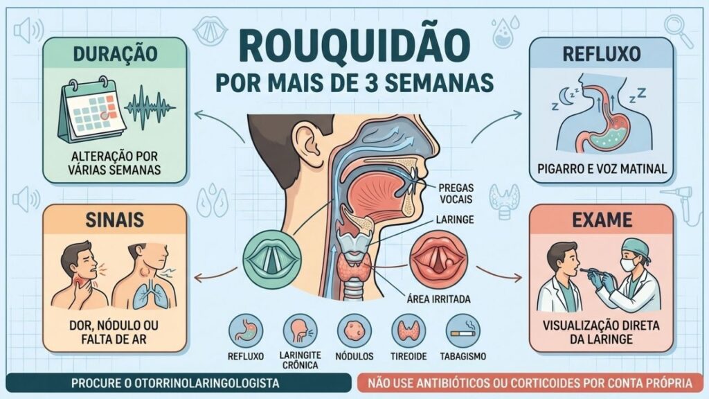 Duração, refluxo, sinais associados e laringoscopia orientam a investigação da voz.