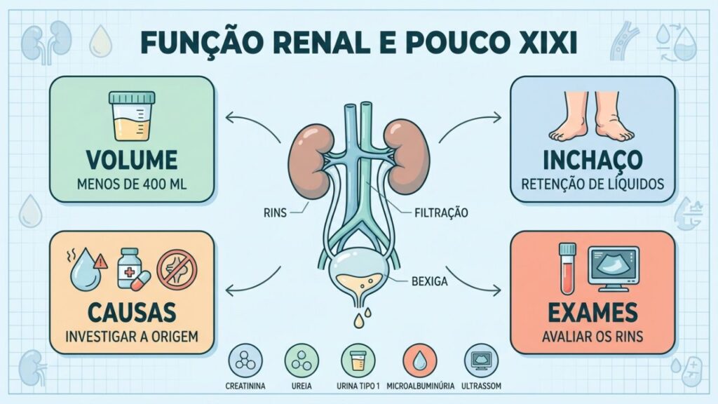 Volume urinário, inchaço, causas e exames orientam a avaliação renal.