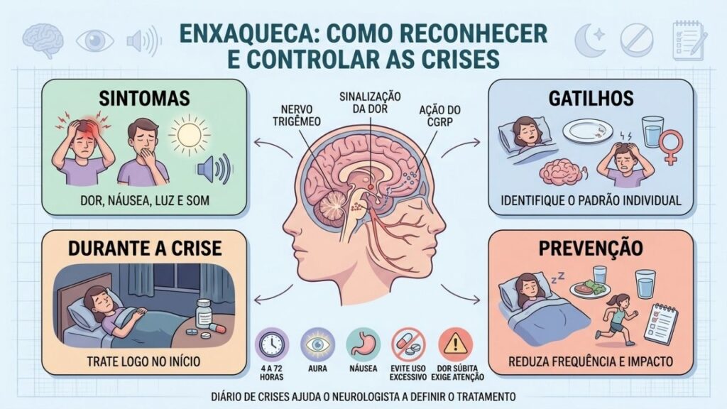 Sintomas, gatilhos, cuidados imediatos e prevenção orientam o controle da enxaqueca.