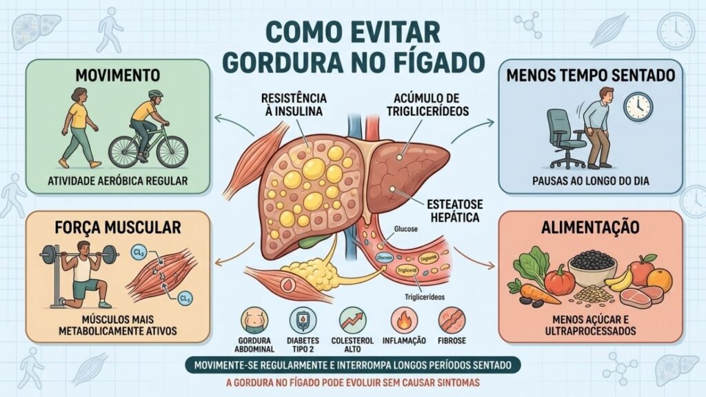Movimento, força, pausas e alimentação equilibrada ajudam a prevenir esteatose hepática.