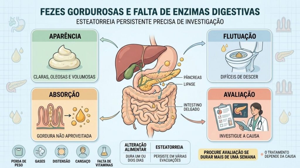 Aparência, absorção, sintomas associados e avaliação ajudam a reconhecer a esteatorreia.