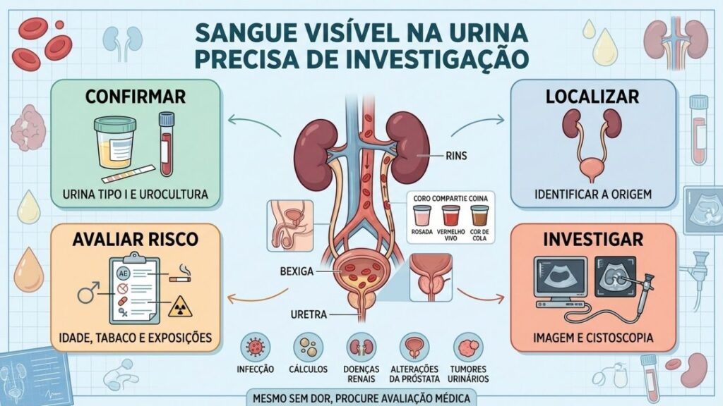Rins, bexiga, próstata e exames orientam a investigação da hematúria visível.