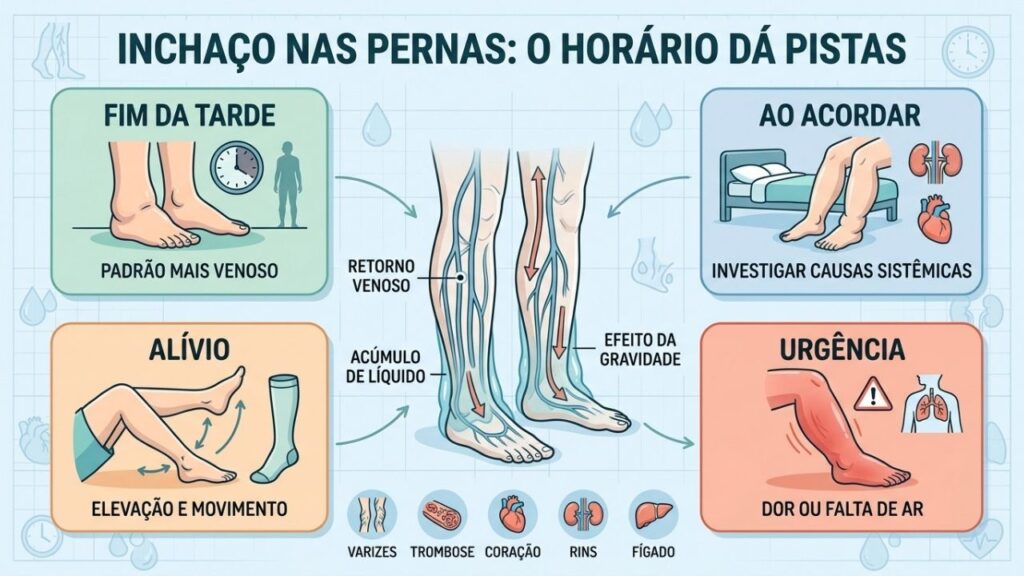 Horário, lateralidade, dor e falta de ar orientam a investigação do inchaço.