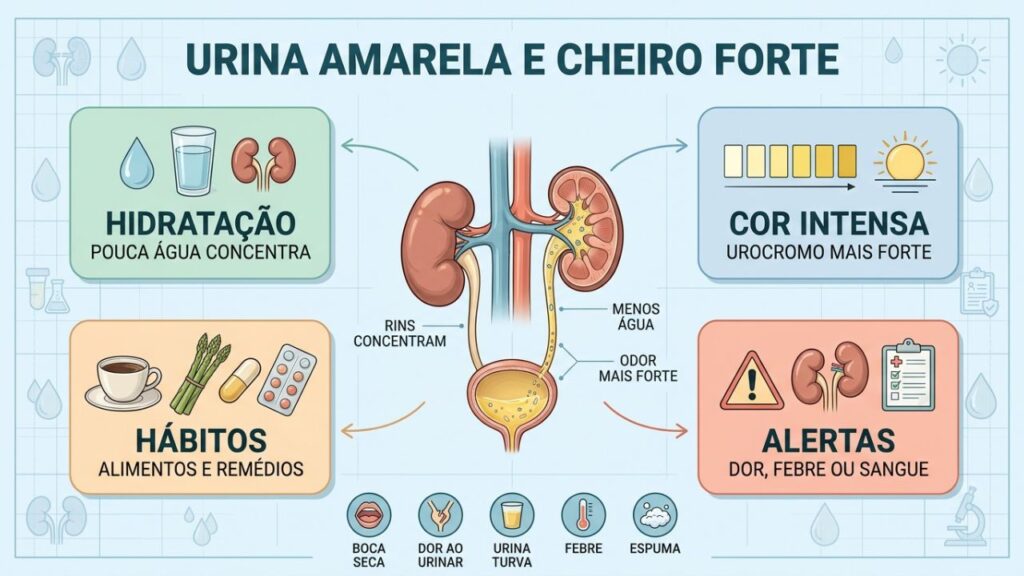 Infográfico mostra hidratação, hábitos e alertas ligados à urina concentrada.