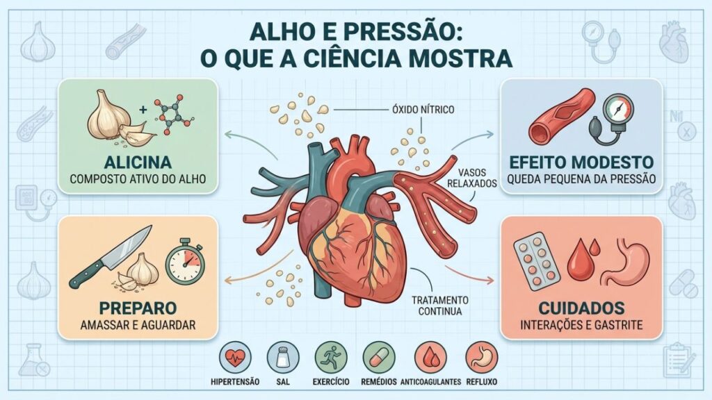 Infográfico resume alicina, preparo, efeito modesto e cuidados com o alho.