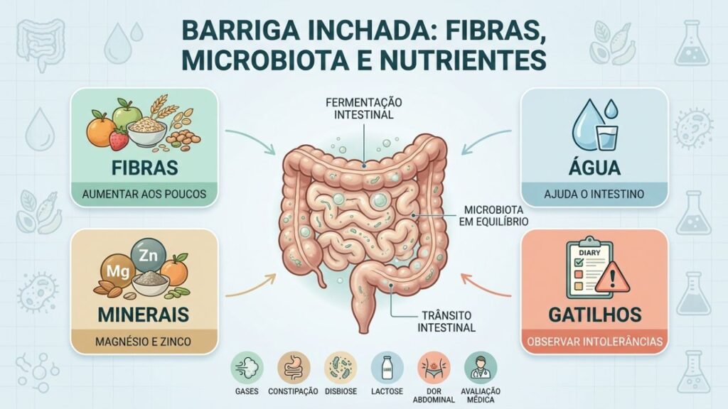 Fibras, água, microbiota e gatilhos alimentares influenciam gases e inchaço.