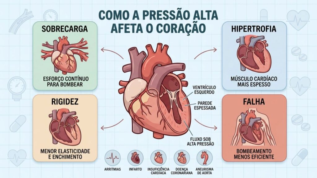 Sobrecarga, hipertrofia, rigidez e falha explicam os danos cardíacos da hipertensão.
