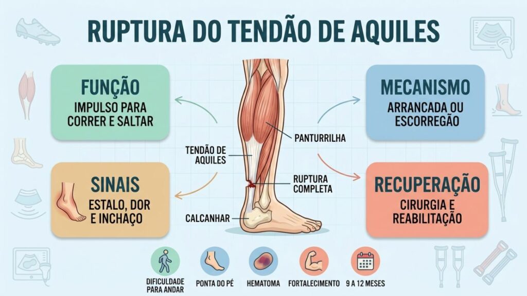 Função, sinais, tratamento e reabilitação explicam a ruptura do Aquiles.