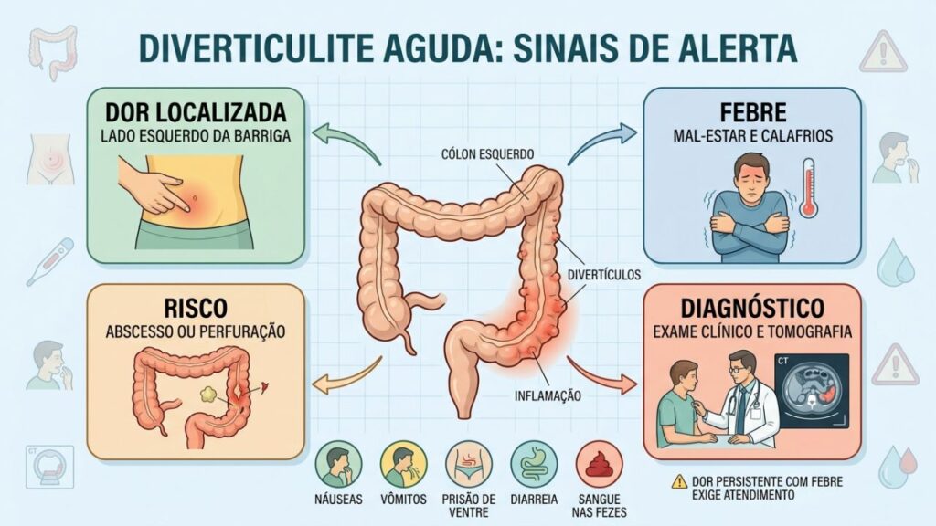 Sintomas, riscos e tomografia ajudam a identificar diverticulite com segurança.