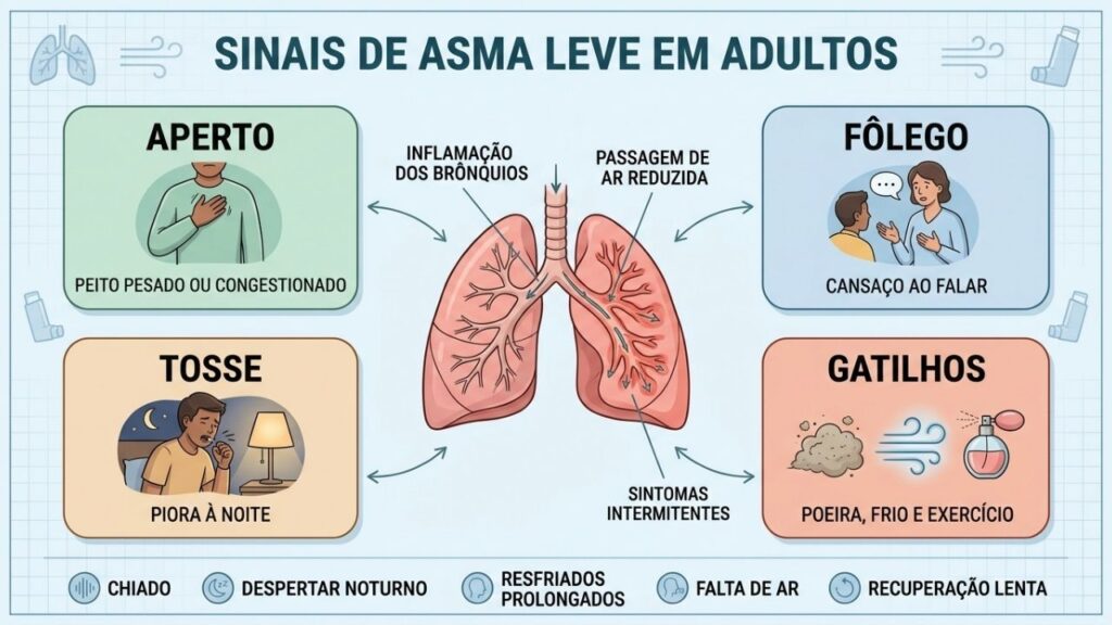 Aperto, falta de fôlego, tosse noturna e gatilhos sugerem asma leve.
