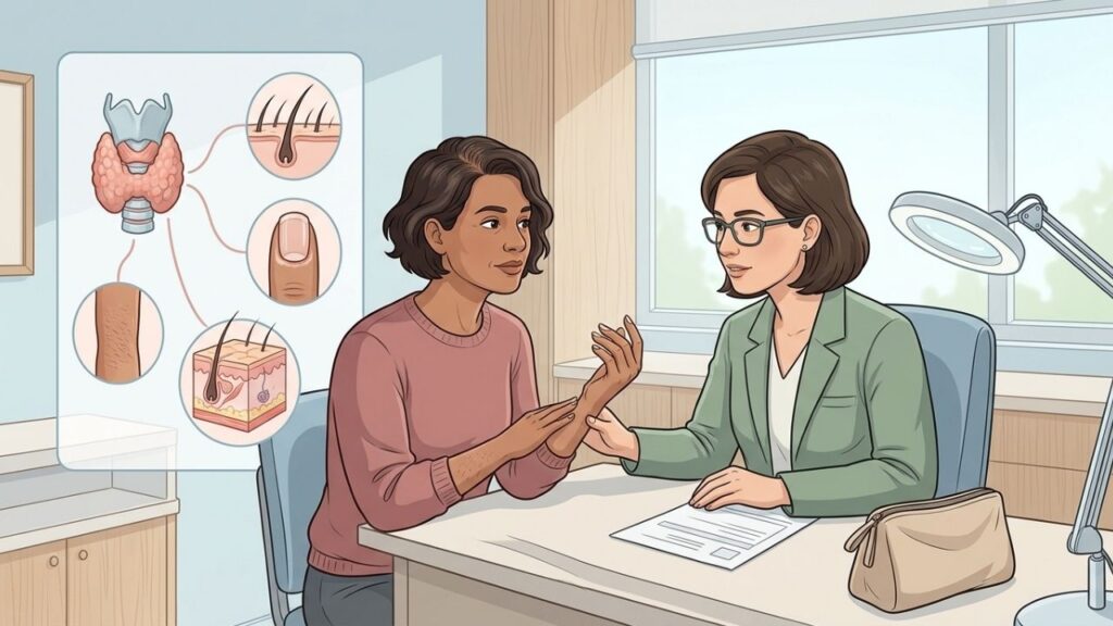 Alterações persistentes nos anexos da pele merecem avaliação hormonal e nutricional.