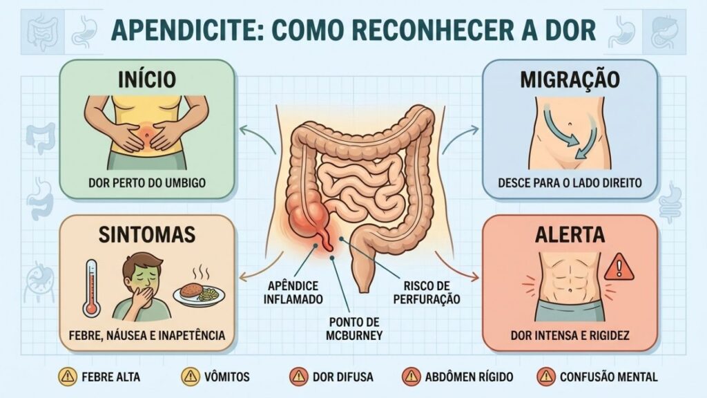 Migração da dor, febre, náusea e rigidez aumentam a suspeita de apendicite.