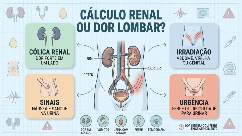 Dor, irradiação, sangue na urina e febre orientam a urgência.