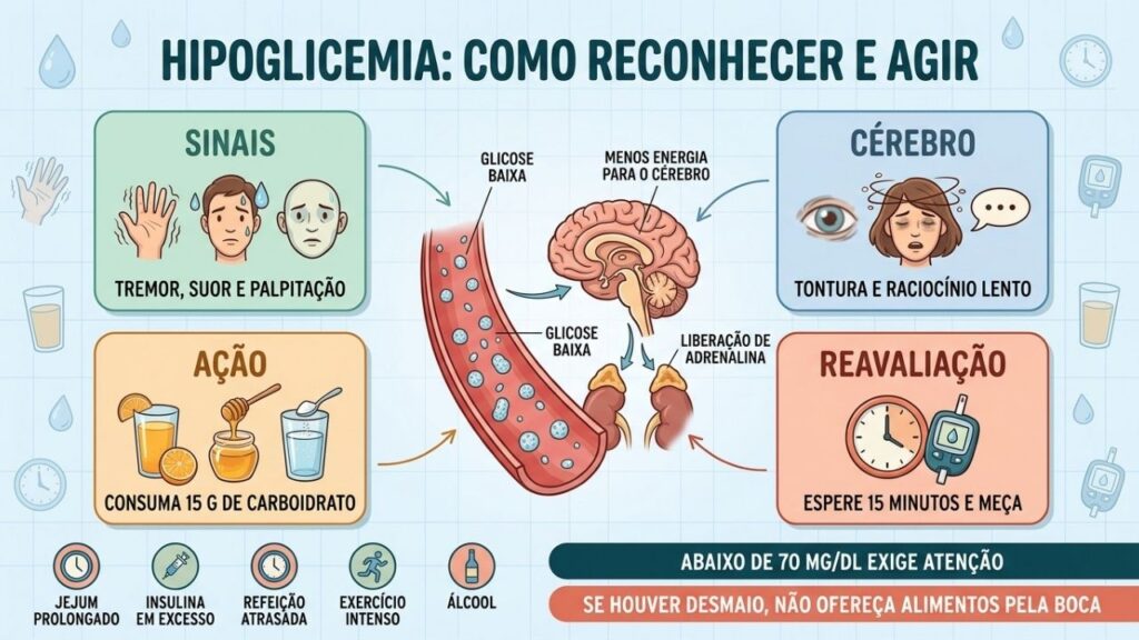 Sinais, carboidrato rápido e reavaliação orientam a resposta à hipoglicemia.
