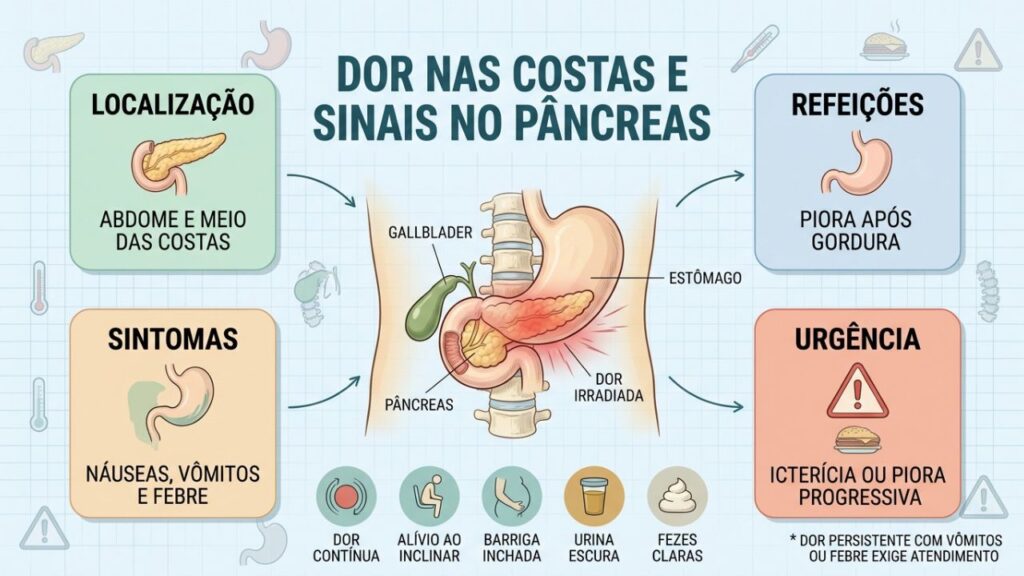 Localização, refeições, sintomas e urgência ajudam a suspeitar de pancreatite.