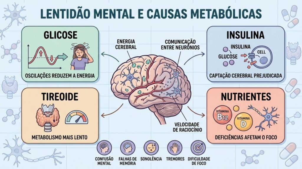 Glicose, insulina, tireoide e nutrientes influenciam diretamente energia e clareza mental.