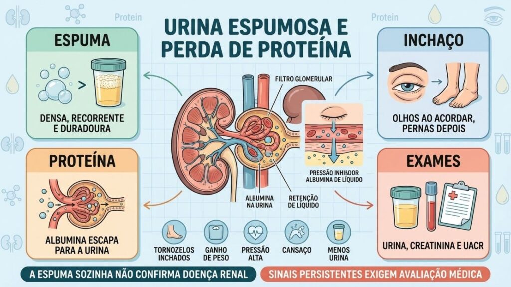Espuma, edema, albumina e exames orientam a investigação da função renal.