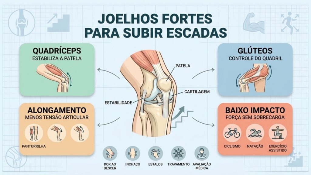 Quatro pilares protegem os joelhos: força, alongamento e baixo impacto.