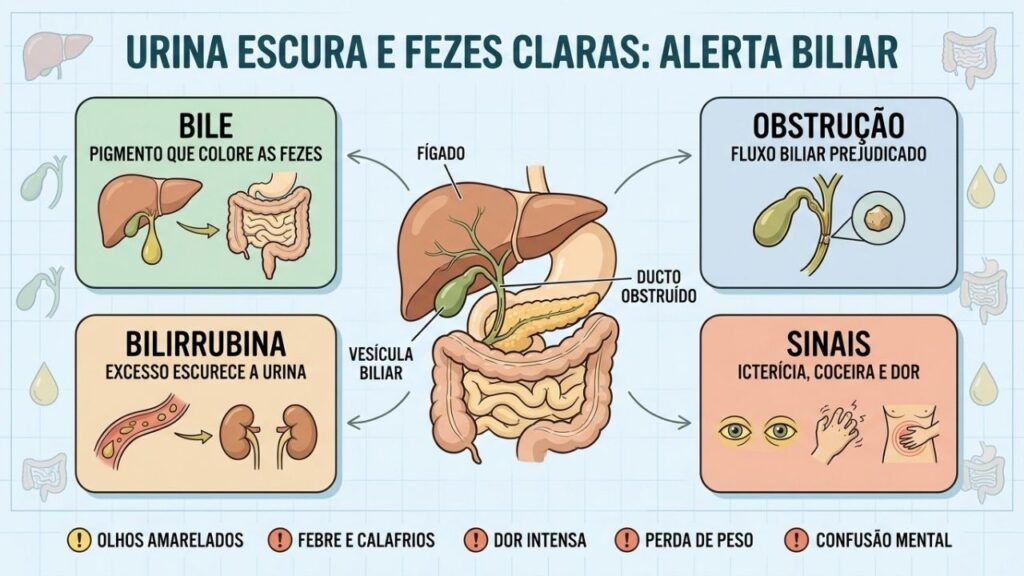 Bile, obstrução, bilirrubina e sinais associados explicam mudanças na urina e fezes.