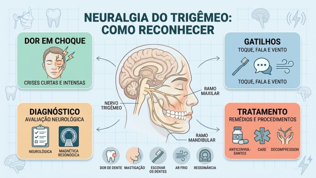 Quatro sinais ajudam a diferenciar neuralgia do trigêmeo de dor dentária.