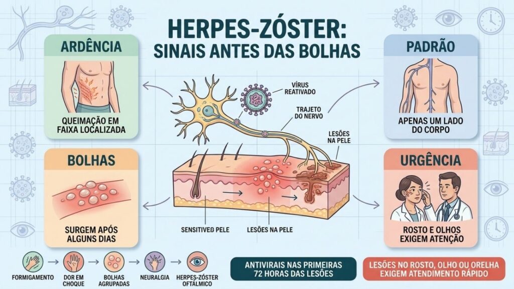 Ardência, padrão unilateral, bolhas e localização orientam o reconhecimento do herpes-zóster.