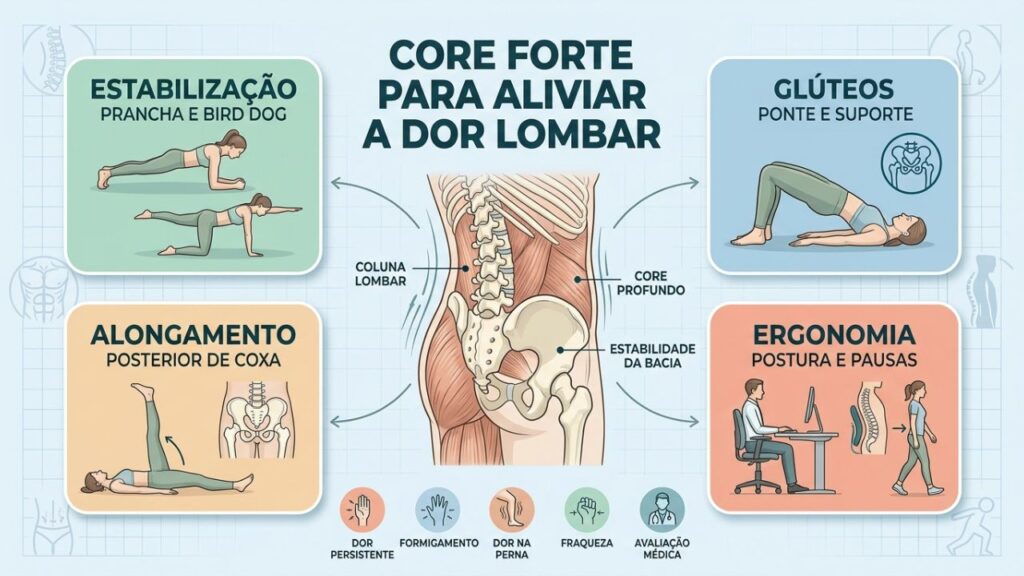 Quatro pilares ajudam a estabilizar a coluna e aliviar a lombar.