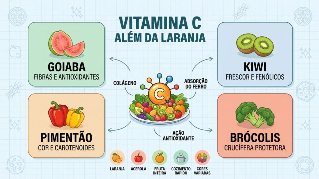 Goiaba, kiwi, pimentão e brócolis diversificam fontes de vitamina C.
