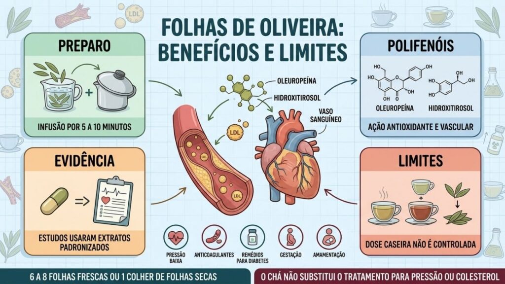 Preparo, polifenóis, evidências e limitações orientam o uso das folhas de oliveira.