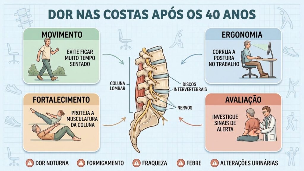 Movimento, ergonomia, fortalecimento e avaliação orientam o cuidado da coluna após os 40.