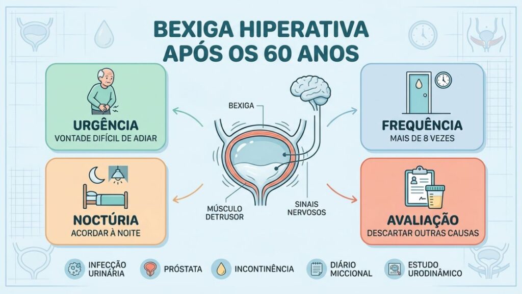 Urgência, frequência, noctúria e avaliação médica orientam o cuidado urinário.