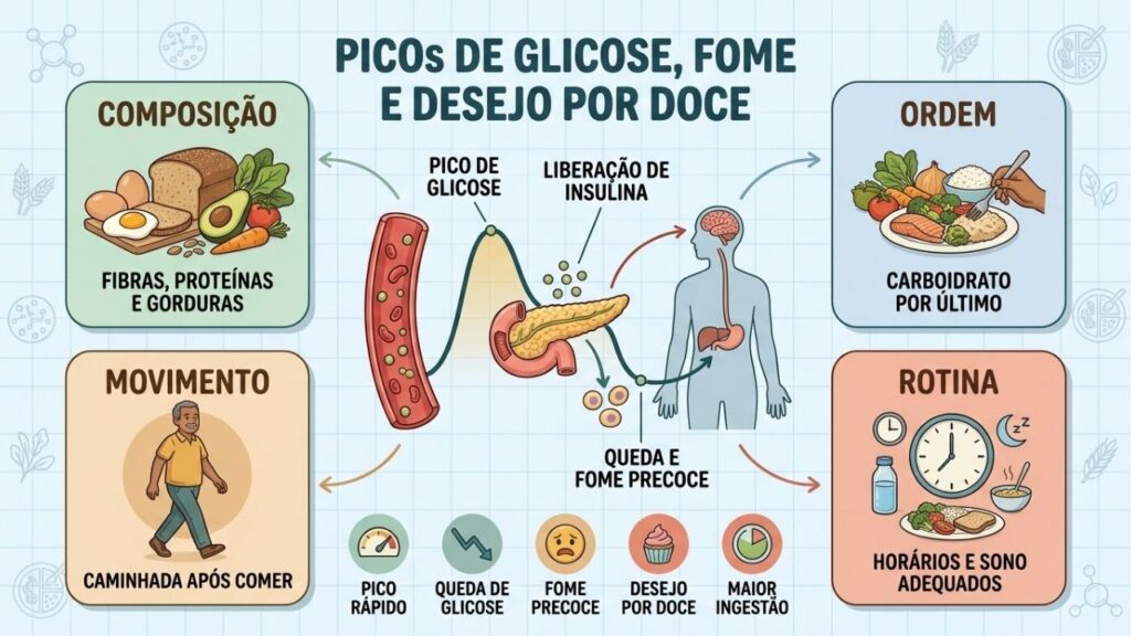 Fibras, proteínas, gorduras boas e hábitos regulares favorecem maior estabilidade glicêmica.