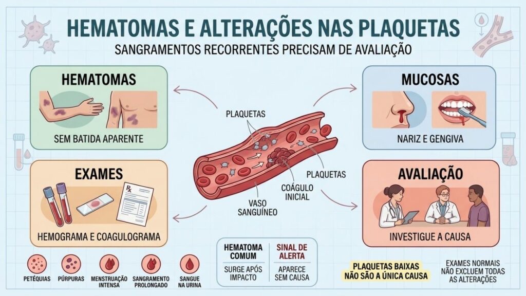 Sangramentos no nariz ou gengiva reforçam a necessidade de avaliar a coagulação.